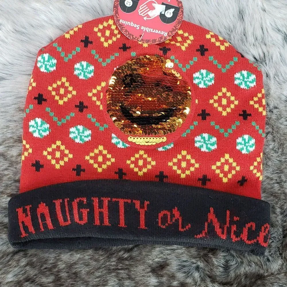 Naughty Or Nice Christmas Beanie Winter Hat Holiday Changeable Smiley‎ Face Red